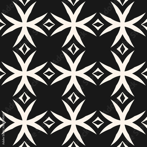 Monochrome vector seamless pattern. Black and white geometric ornament texture with crosses, diamonds, grid, lattice. Simple gothic style background. Repeat design for decoration, fabric, furniture