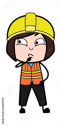 Cartoon Lady Engineer thinking seriously
