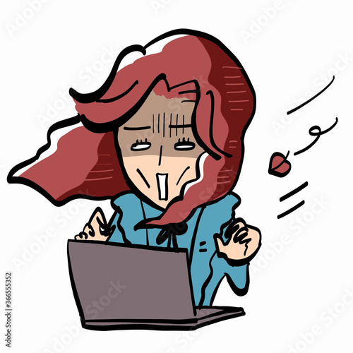 PCの前で青ざめる前髪かきあげ巻髪