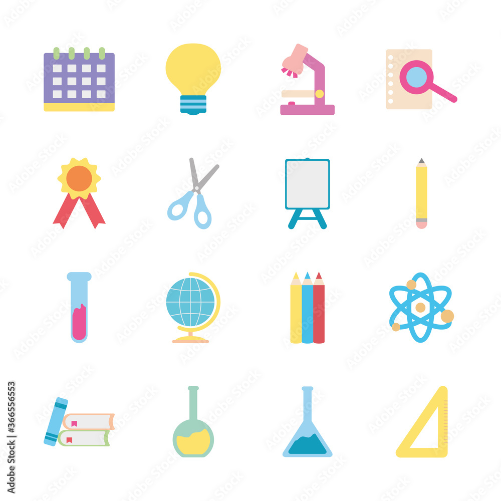 icon set of microscope and back to school, flat style