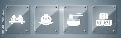 Set Sushi, Asian noodles in bowl and chopsticks, Khinkali on cutting board and Sushi on cutting board. Square glass panels. Vector.