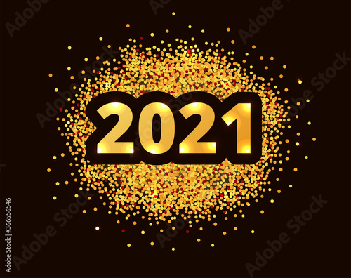2021 Happy New Year banner with gold glitter rich glossy confetti. Greetings for logotype, badge, icon, card, postcard, logo, banner, tag. Celebration vector illustration. New Year premium template