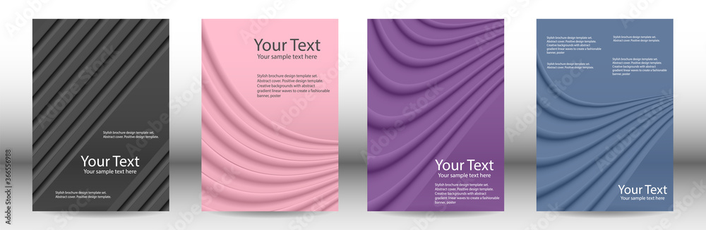 Cover designs set. Background with abstract volumetric gradient of linear waves, fabric folds for creating a trendy banner, poster.