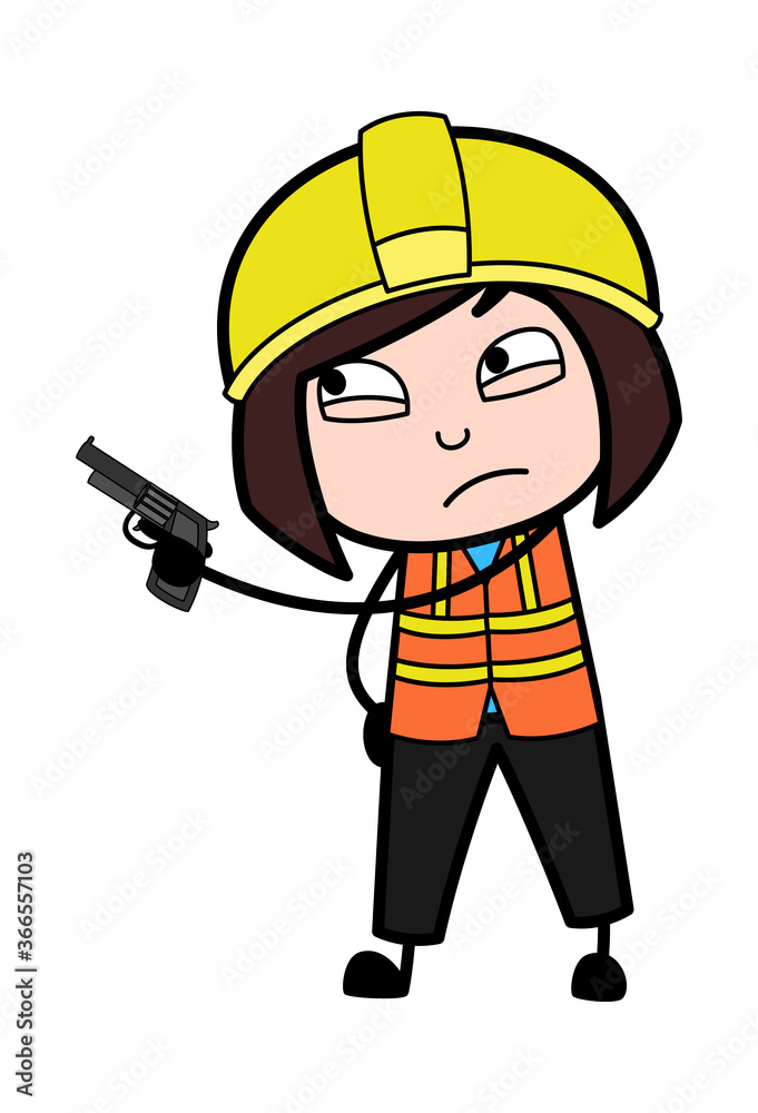 Cartoon Lady Engineer Pointing Gun