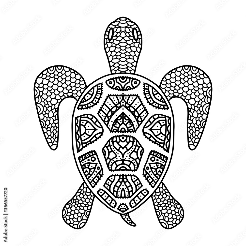 Naklejka premium Vector black and white coloring turtle coloring doodle zentangle for adults and children. Patterned turtle shell with fine details and ornament isolated.