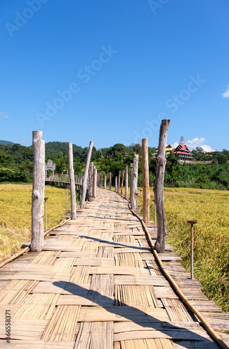 Old bamboo bridge for crossing the paddy field.