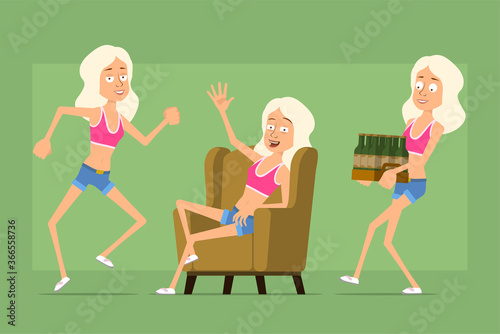 Cartoon flat funny sport woman character in shirt and jeans shorts. Girl resting, dancing and carrying beer. Ready for animation. Isolated on green background. Vector set.