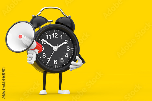 Alarm Clock Character Mascot with Red Retro Megaphone. 3d Rendering