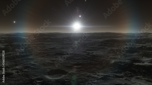 science fiction wallpaper, cosmic landscape, realistic exoplanet, beautiful alien planet in far space, detailed planet surface 3d render