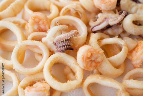 fried squids or octopus (calamari) and prawns close up, isolated on white background