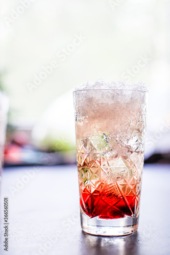cocktail ice syrup drink, sparkling water alcohol or non-alcoholic beverage food background top view copy space 