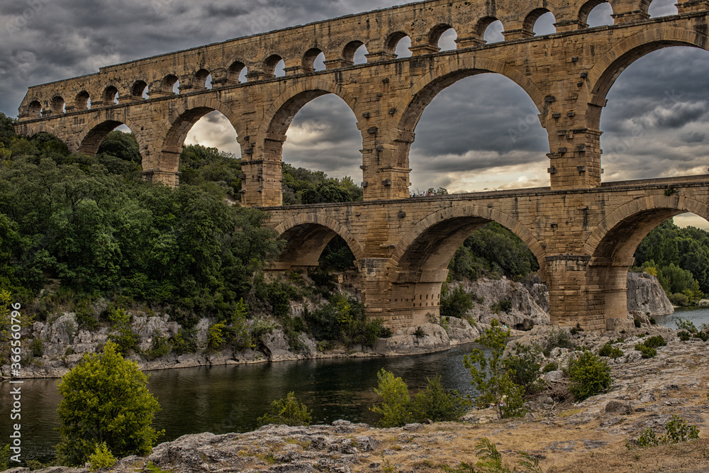 Pont du Gard, France - Jul 15th 2020: ancient Roman aqueduct, UNESCO's World Heritage Site
