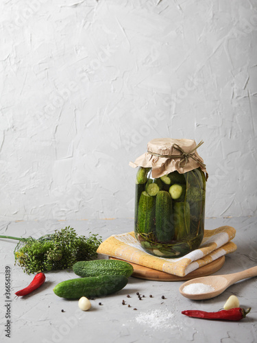 Big Jar with fermented cucumbers, salt in a wooden spoon and seasonings on a concrete background. Copy spaes.