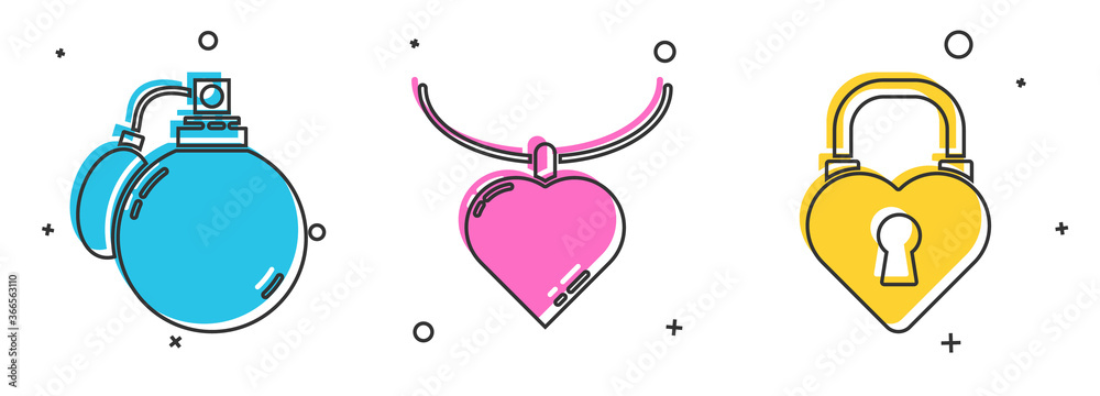 Fototapeta Set Perfume, Necklace with heart shaped pendant and Castle in the shape of a heart icon. Vector.