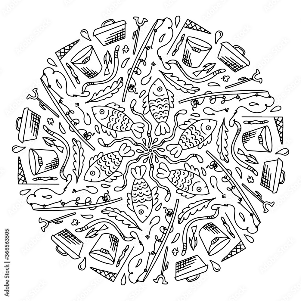 Obraz premium Vector mandala fishing coloring book for adults. Fishing rods, hooks, fish, catch, fishing. Funny mandala for a successful angler, black and white doodle drawing, circular composition. Circular print