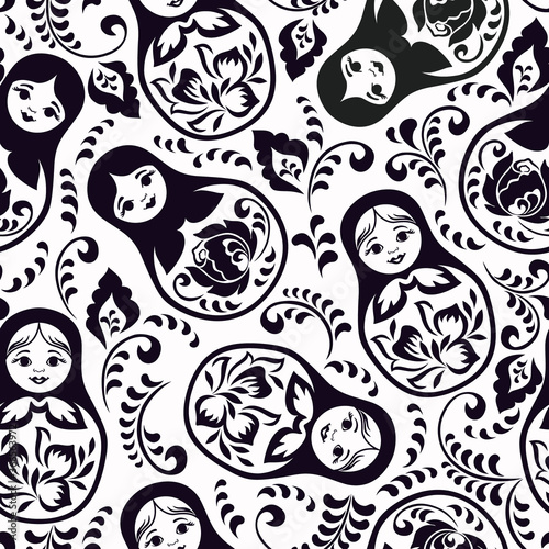 Seamless black and white pattern with nesting dolls. Traditional russian pattern - art symbol. Classical design and decorating, vector print. © Nati