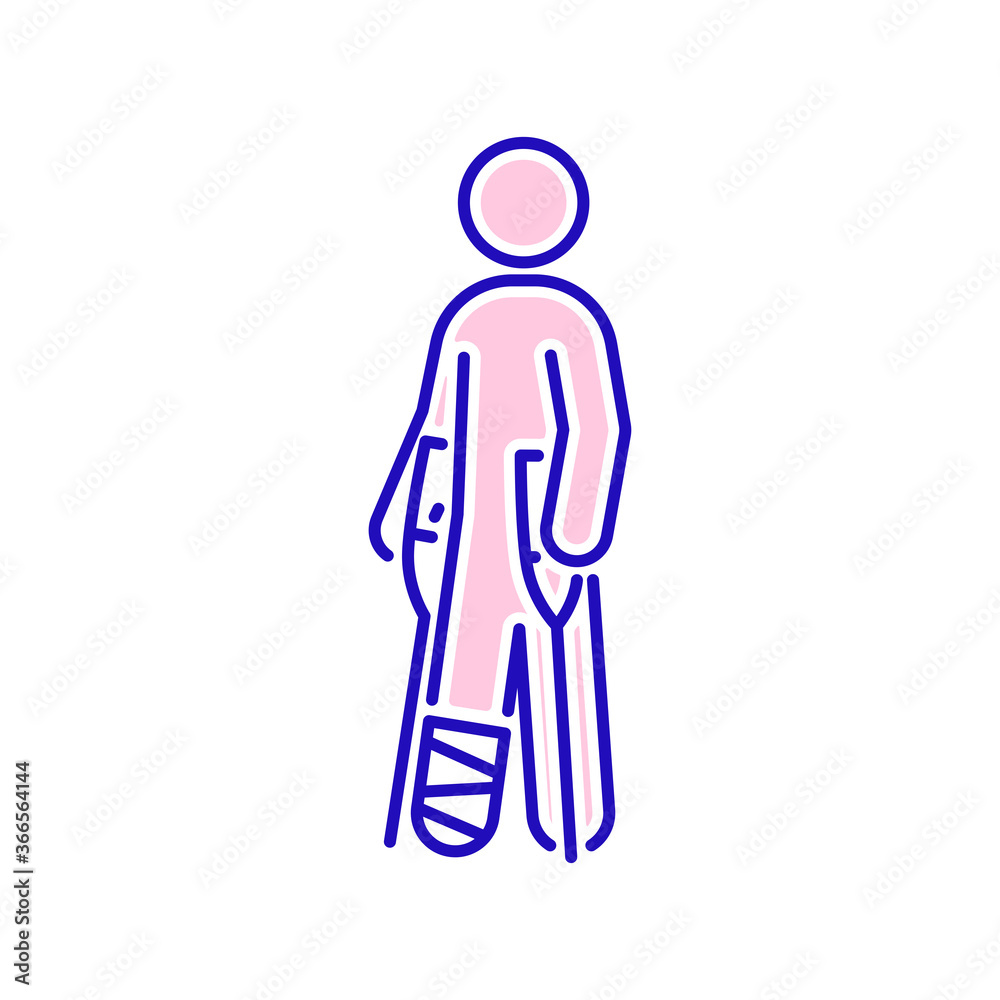 Man on crutches color line icon. Rehabilitation after injury. Isolated vector element. Outline pictogram for web page, mobile app, promo. Man on crutches color line icon. Rehabilitation after injury. Isolated vector element. Outline pictogram for web page, mobile app, promo.