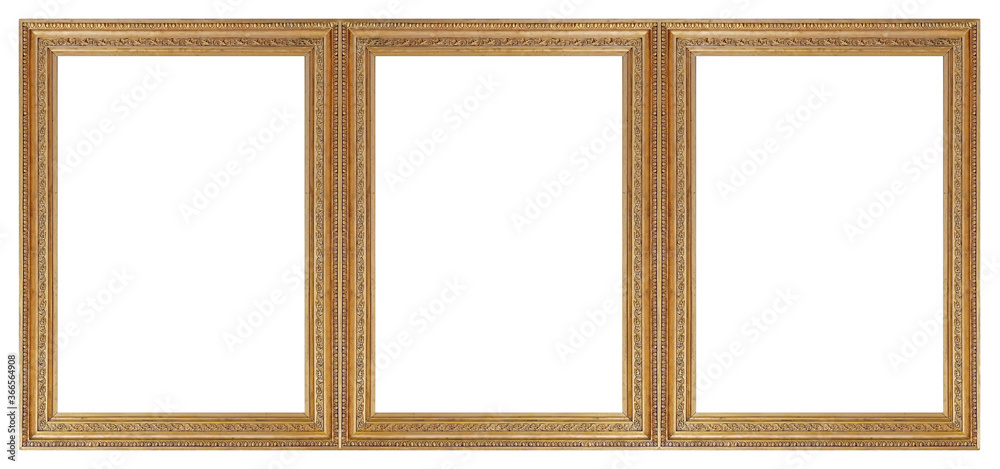 Fototapeta premium Triple golden frame (triptych) for paintings, mirrors or photos isolated on white background