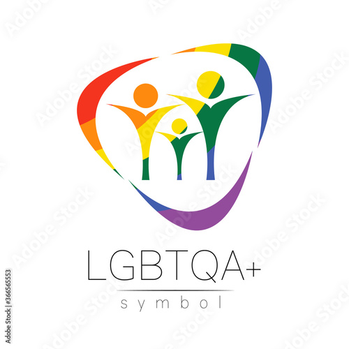 Vector LGBTQA family symbol. Pride flag background. Icon for gay, lesbian, bisexual, transsexual, queer and allies person. Can be use for sign activism, psychology or counseling. LGBT on white.