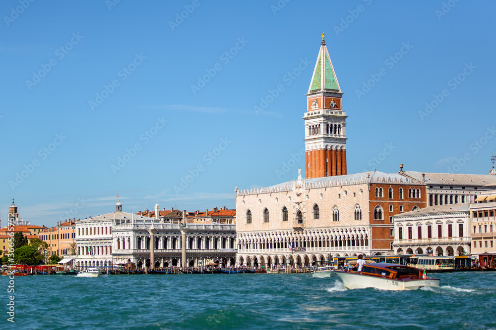 Saint Mark's Square and Bell Tower Views on the Venice Skyline from a boat on the Canal 07