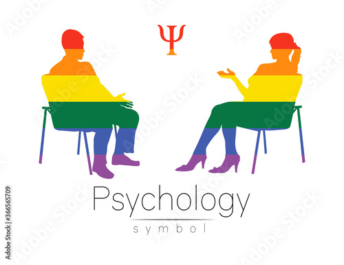 The psychologist and the client. Psychotherapy session. Psychological counseling. Man and woman silhouette, talking while sitting. Rainbow LGBT color. Isolated on white background