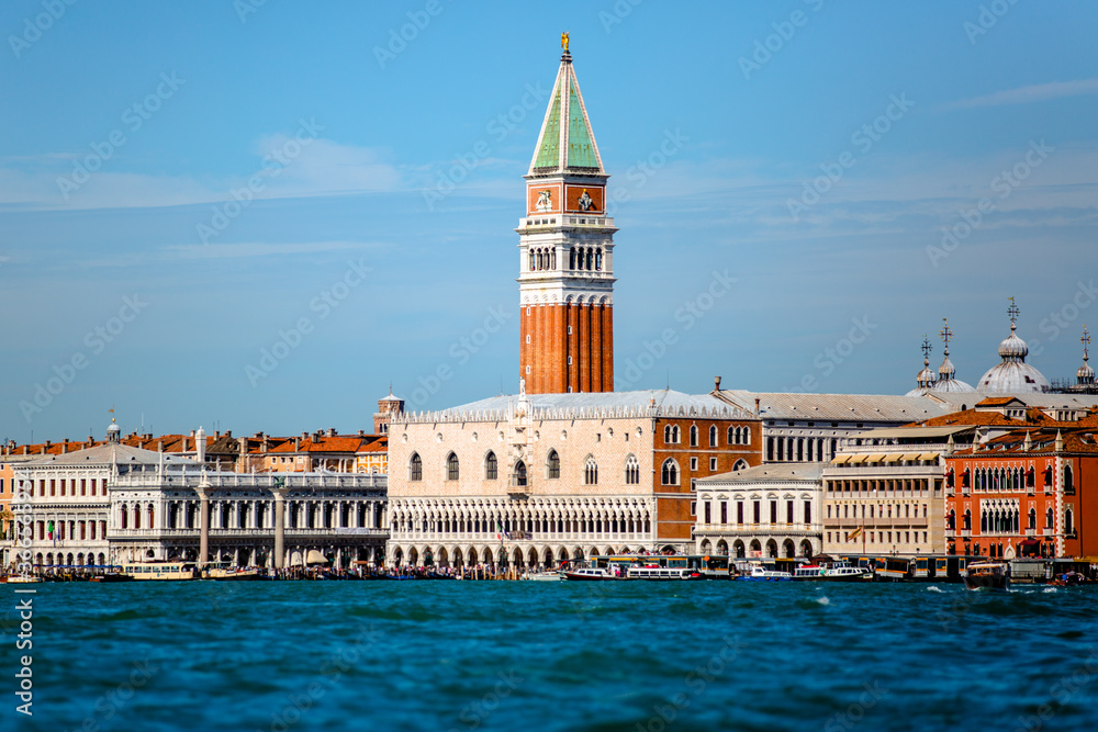 Saint Mark's Square and Bell Tower Views on the Venice Skyline from a boat on the Canal 04