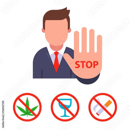 poster stop drugs, alcohol, cigarettes. give up bad habits. flat vector character illustration.