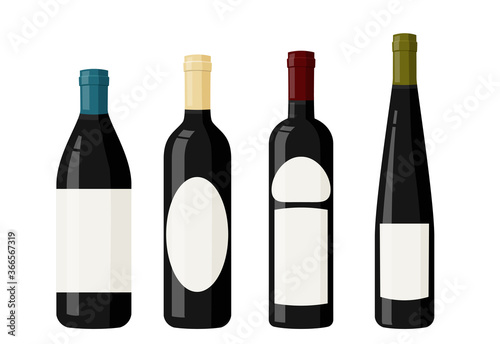 Black glass wine bottles with blank labels. Realistic vector illustration.