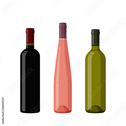 Colorful glass wine bottles. Realistic vector illustration. Red, white and pink wine.