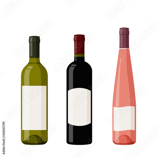 Colorful glass wine bottles with blank labels. Realistic vector illustration.