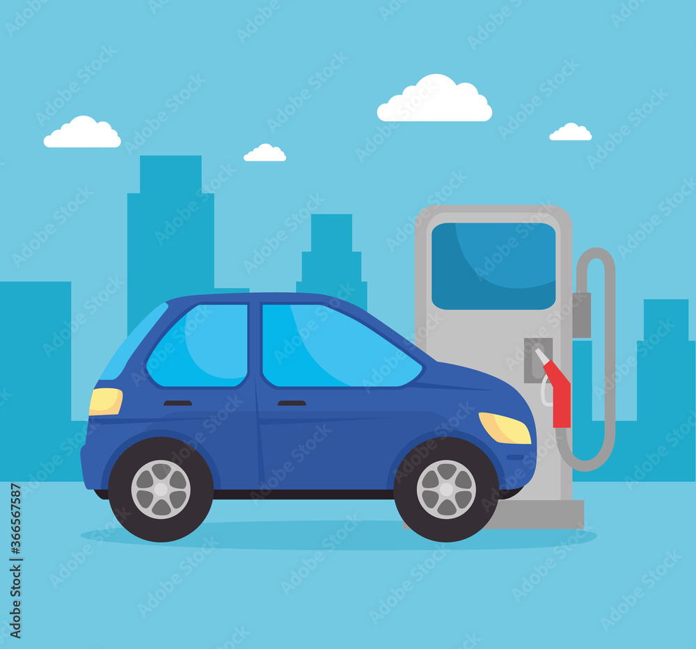 car in refueling on oil fuel, vehicle car sedan in fuel station