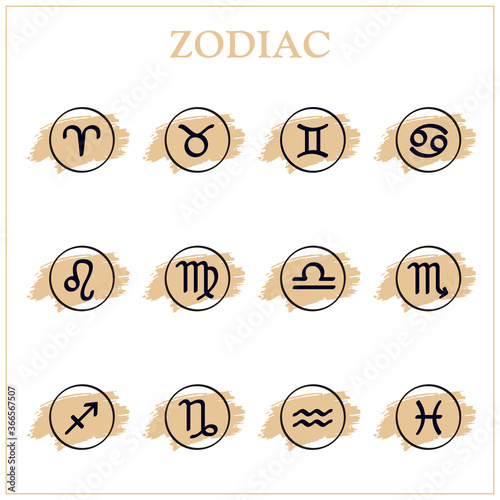 Zodiac icons. Set of zodiac signs. Astrological signs on hand drawing background, isolated on white