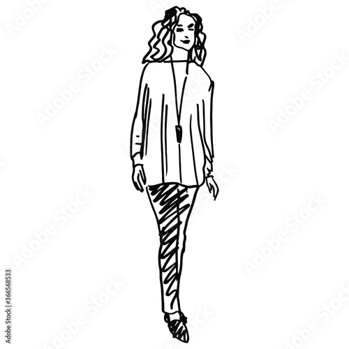 Beautiful standing girl in skinny pants and tunic. Hand drawn linear sketch. Black and white silhouette.
