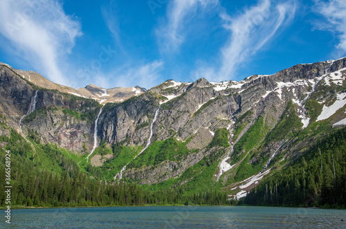 Photography Waterfalls on mountains in Avalanche Basin in Glacier National Park