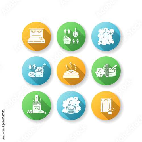 Steam treatment flat design long shadow glyph icons set. Finnish and russian sauna culture, healthy lifestyle. Steam bath types and bathhouse accessories. Silhouette RGB color illustrations