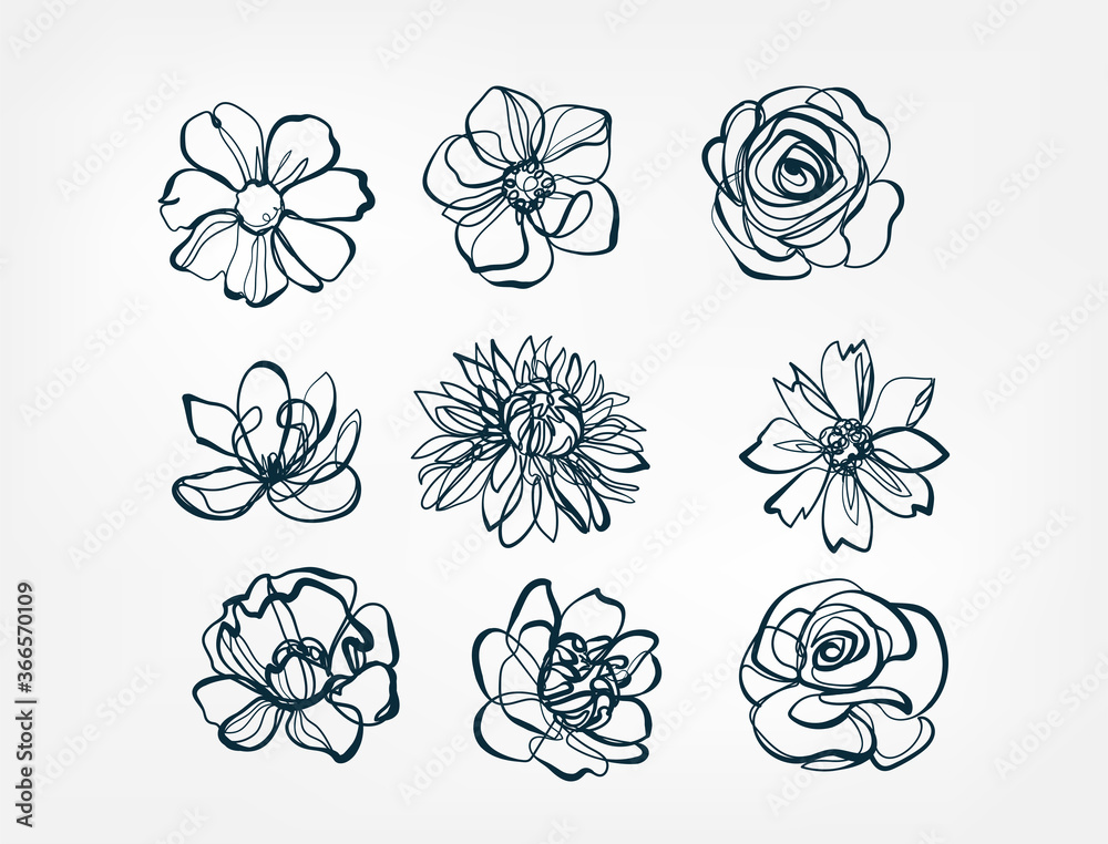 flower set line one art isolated vector illustration