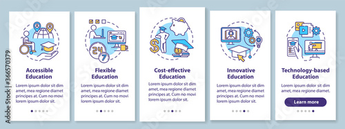 Distance learning pros onboarding mobile app page screen with concepts. Accessible education. Remote education walkthrough 5 steps graphic instructions. UI vector template with RGB color illustrations