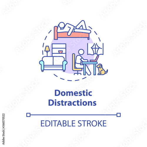 Domestic distractions concept icon. Student doing homework. Homeschooling idea thin line illustration. Distance education. Vector isolated outline RGB color drawing. Editable stroke