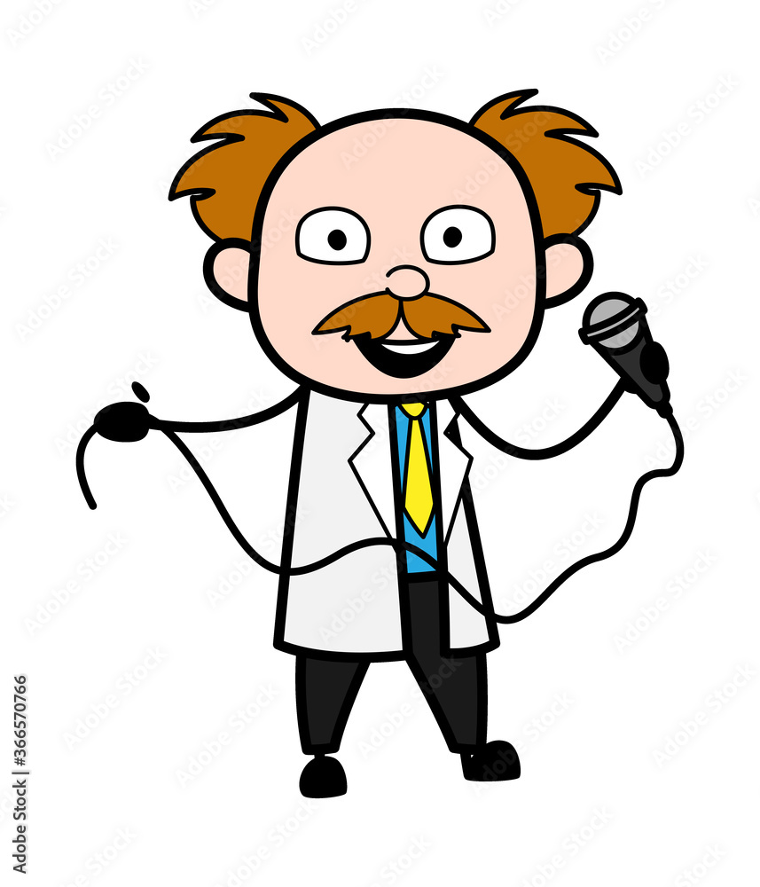 Cartoon Scientist holding Mic