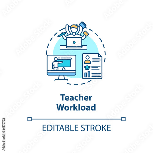 Teacher workload concept icon. Multitasking. Distance learning and teaching. Teacher performance idea thin line illustration. Vector isolated outline RGB color drawing. Editable stroke