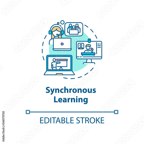 Synchronous learning concept icon. Distance learning. Video conference. Online educational environment idea thin line illustration. Vector isolated outline RGB color drawing. Editable stroke