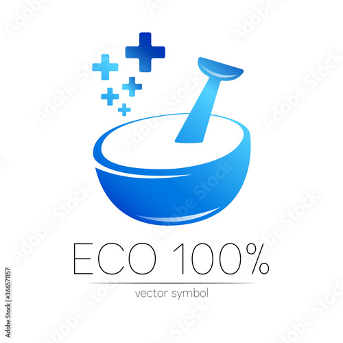 Vector mortar and pestle blue symbol logo with few cross. Ecology icon concept for medicine, vegetarian, therapy, pharmacology and business. Organic sign illustration. Modern logotype or label.