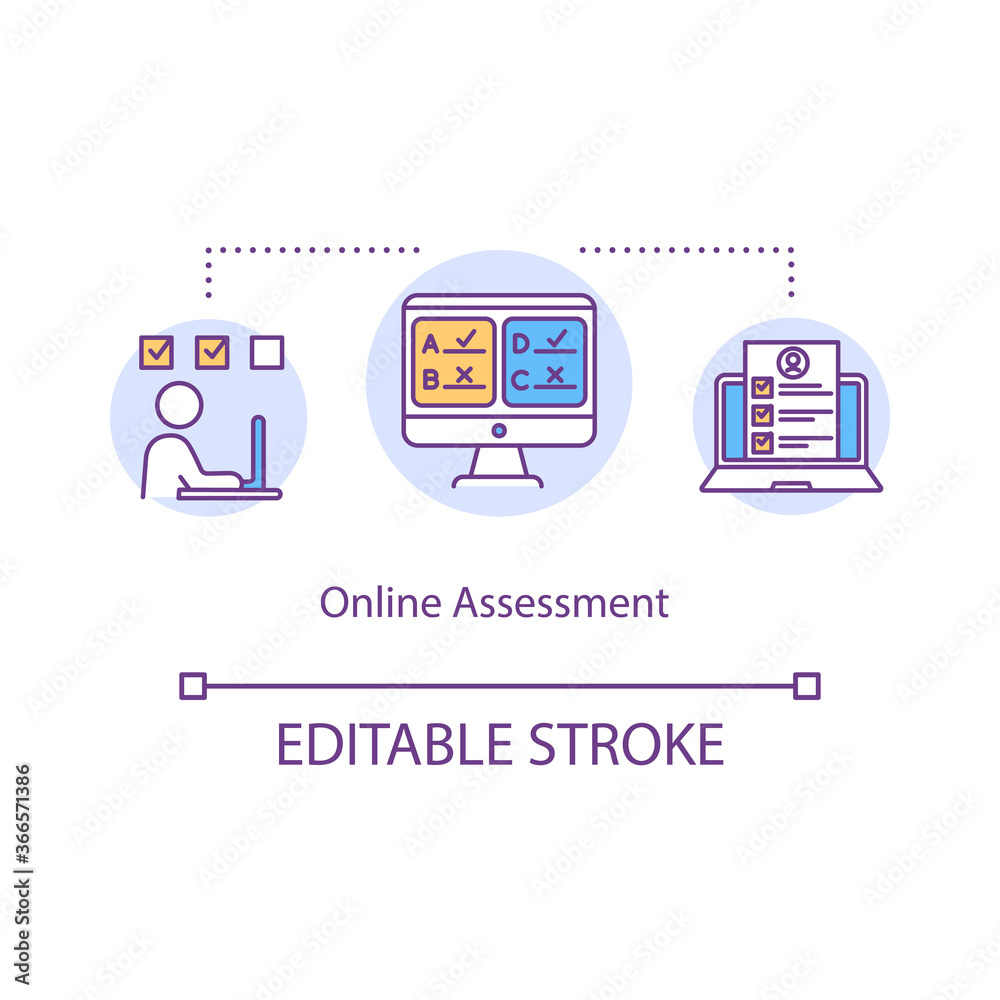 Online assessment concept icon. Digital assignments. Distance education. Student performance evaluation idea thin line illustration. Vector isolated outline RGB color drawing. Editable stroke Online assessment concept icon. Digital assignments. Distance education. Student performance evaluation idea thin line illustration. Vector isolated outline RGB color drawing. Editable stroke