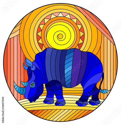 Illustration in stained glass style with funny blue rhino and sun on abstract orange background, oval image
