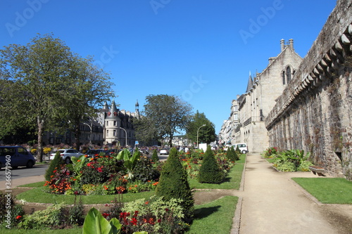 Quimper town in Brittany France. Old centre and a beautiful garden near the Cathedral of Saint Corentin. Tourism in France.