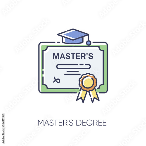 Masters degree RGB color icon. University accomplishment, college graduation. Higher education. Graduation certificate with mortar board isolated vector illustration