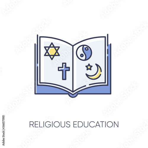 Religious education RGB color icon. Book with judaism, christianity, taoism and islam signs. Theology subject. Studying religion. Isolated vector illustration