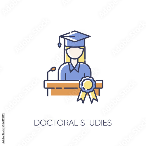 Doctoral studies RGB color icon. University graduation, academic achievement. Obtaining doctors degree. PhD student, successful graduate isolated vector illustration