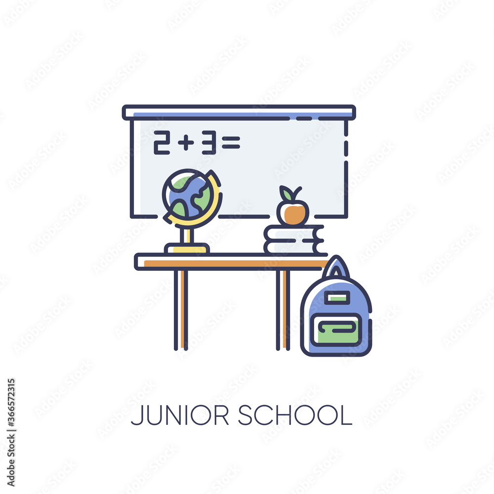 Junior school RGB color icon. Primary education establishment, studying basic sciences. Classroom equipment. Blackboard, desk and globe isolated vector illustration