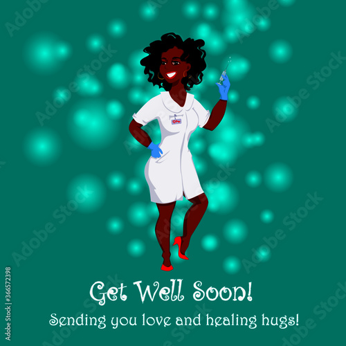 Vector illustration of a nurse wishing best recovery and sending love and healing hugs. A colorful playsome get well soon card. 